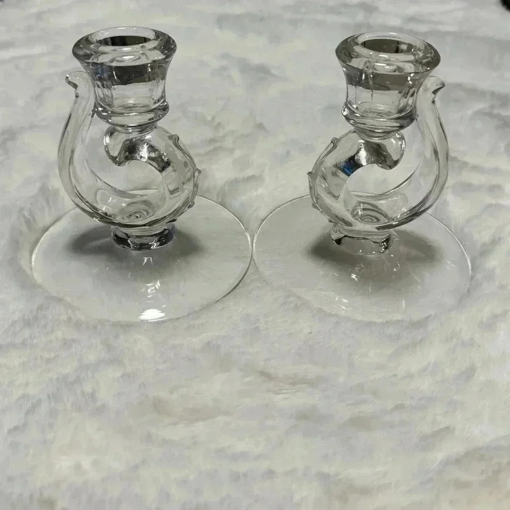 VTG Fostoria Depression Glass Candlestick Holders Beaded Glam Cottagecore EUC - Picture 2 of 9